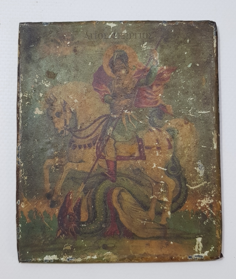 OSMANLI DÖNEMİ RUMCA YAZILI AZİZ GEORGE EL BOYAMA İKONA