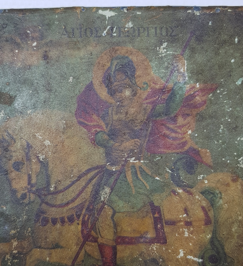 OSMANLI DÖNEMİ RUMCA YAZILI AZİZ GEORGE EL BOYAMA İKONA