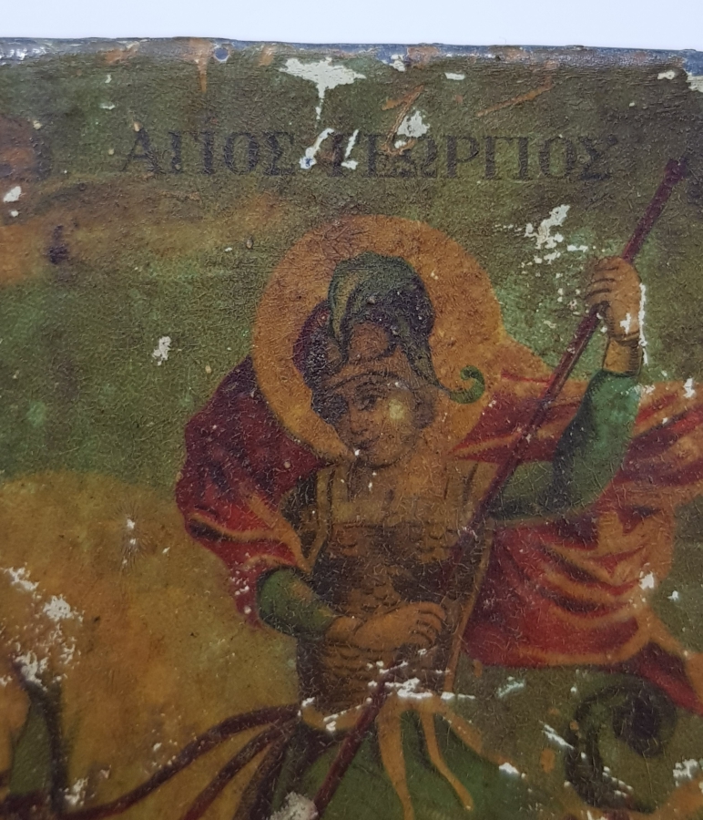 OSMANLI DÖNEMİ RUMCA YAZILI AZİZ GEORGE EL BOYAMA İKONA