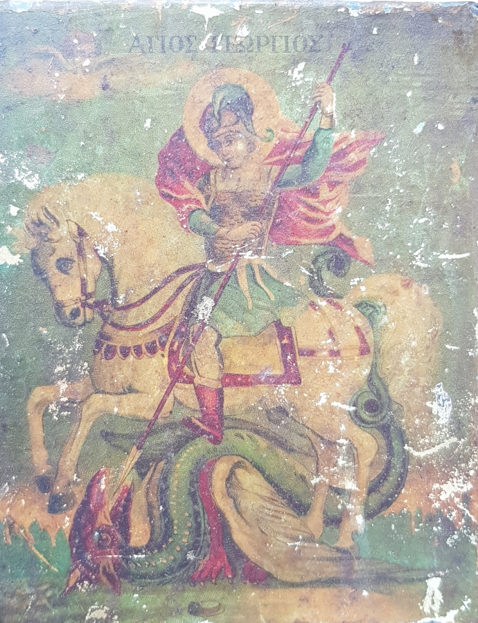 OSMANLI DÖNEMİ RUMCA YAZILI AZİZ GEORGE EL BOYAMA İKONA