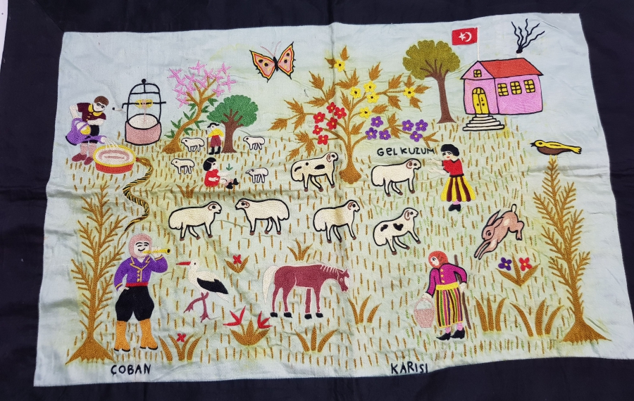 TAMAMI EL İŞİ KÖY HAYATI KONULU ANTİKA PANO