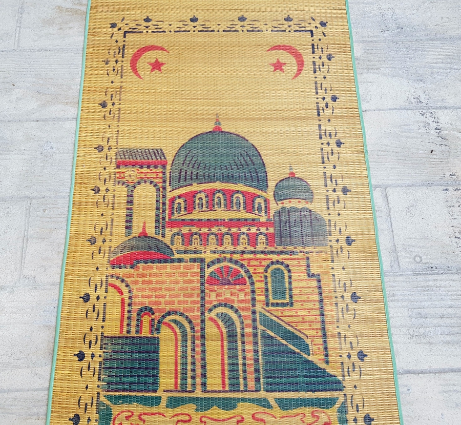 HURMA YAPRAKLARINDA YAPILMIŞ AY YILDIZLI VE CAMİ GÖRSELLİ HAC İŞİ ANTİKA HASIR SECCADE