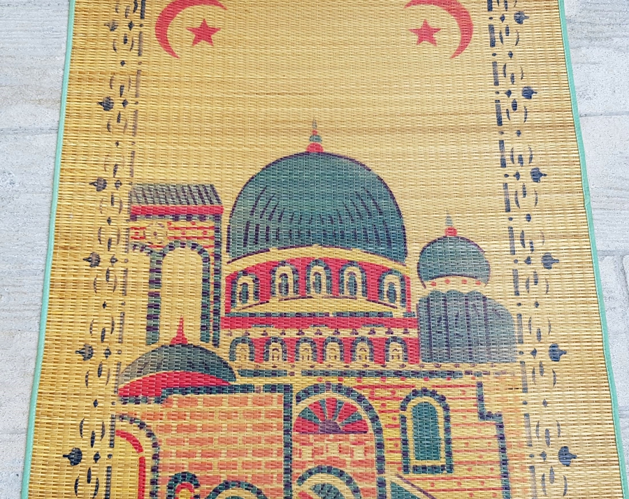 HURMA YAPRAKLARINDA YAPILMIŞ AY YILDIZLI VE CAMİ GÖRSELLİ HAC İŞİ ANTİKA HASIR SECCADE