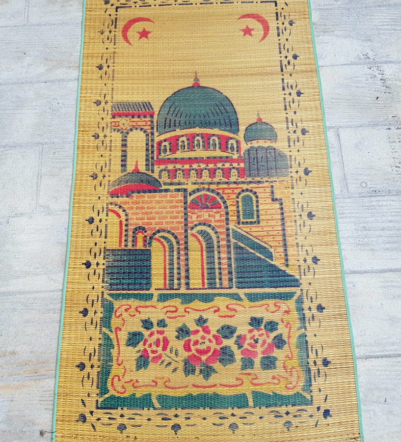 HURMA YAPRAKLARINDA YAPILMIŞ AY YILDIZLI VE CAMİ GÖRSELLİ HAC İŞİ ANTİKA HASIR SECCADE