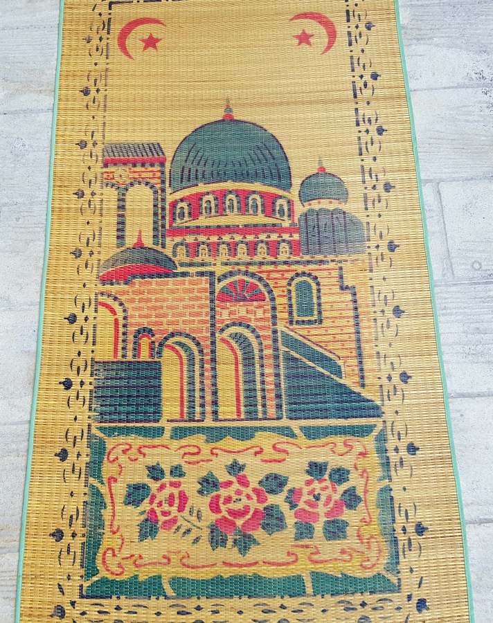 HURMA YAPRAKLARINDA YAPILMIŞ AY YILDIZLI VE CAMİ GÖRSELLİ HAC İŞİ ANTİKA HASIR SECCADE