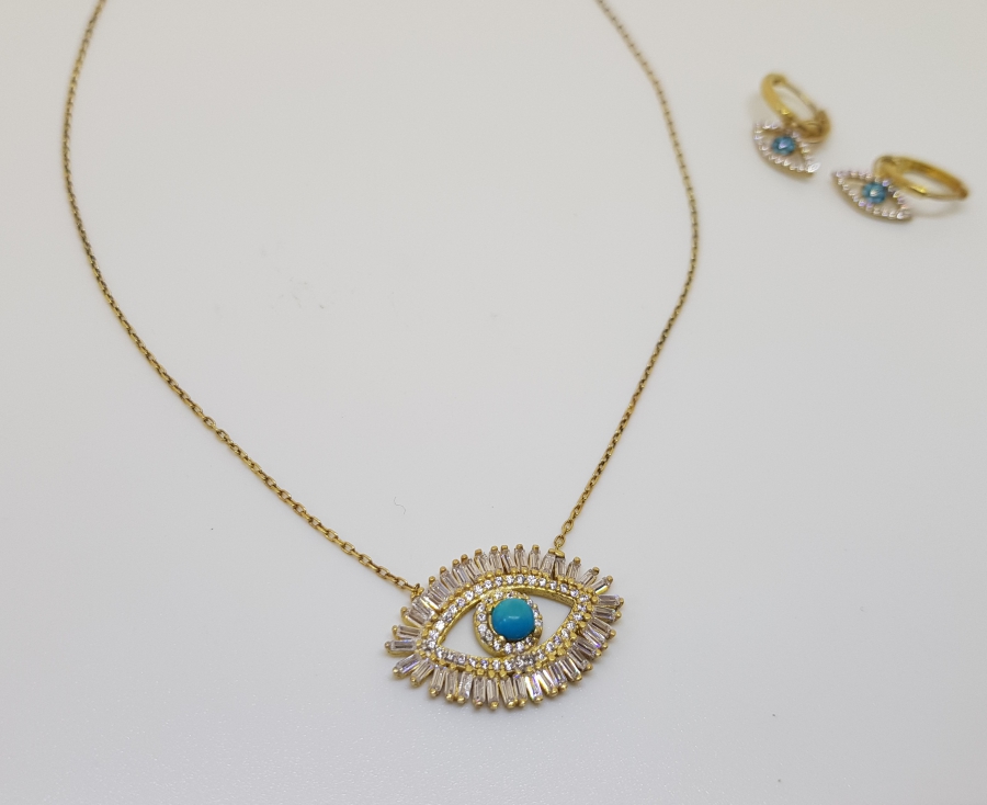 NAZARA KARŞI YAPILMIŞ ÖZEL YAPIM GÜMÜŞ KOLYE TAKIMI