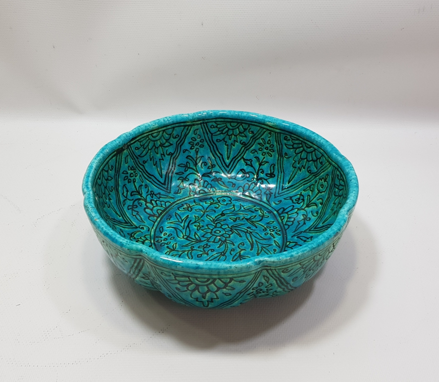 ANTİKA KABURGALI TURKUAZ KÜTAHYA KASE