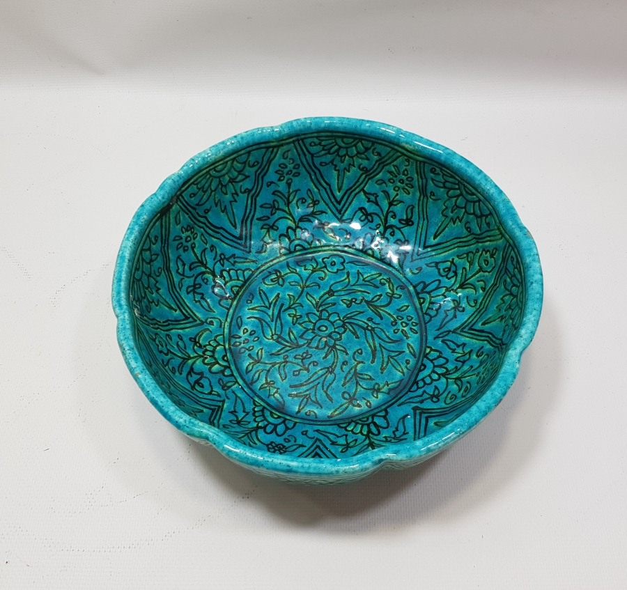 ANTİKA KABURGALI TURKUAZ KÜTAHYA KASE