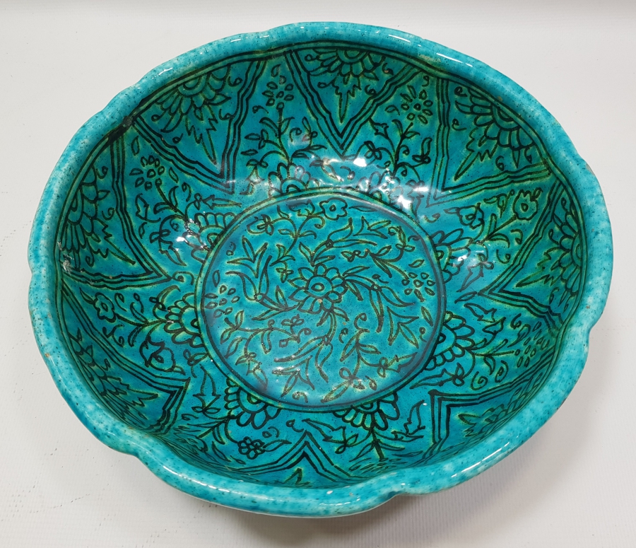 ANTİKA KABURGALI TURKUAZ KÜTAHYA KASE