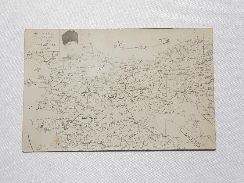 MİLLİ MÜCADELE SERİSİ ATATÜRK RESİMLİ VE BATI ANADOLU HARİTALI OSMANLICA YAZILI KARTPOSTAL
