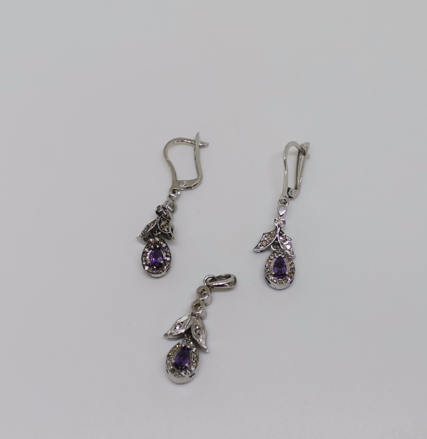 AMETİST VE PIRLANTA TAŞLI DAMLA MODELİ KOLYE KÜPE TAKIMI