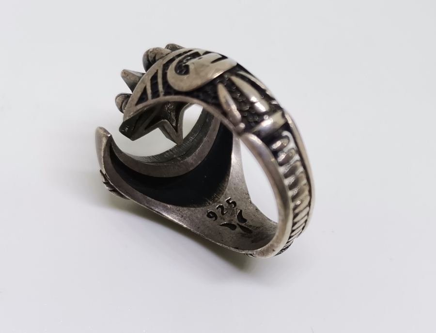 AY YILDIZ FİGÜRLÜ VE TÜRK YAZILI GÜMÜŞ YÜZÜK