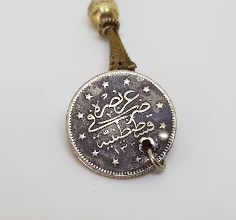 MERCAN TAŞLI VE OSMANLI PARALI GÜMÜŞ TESPİH PÜSKÜLÜ