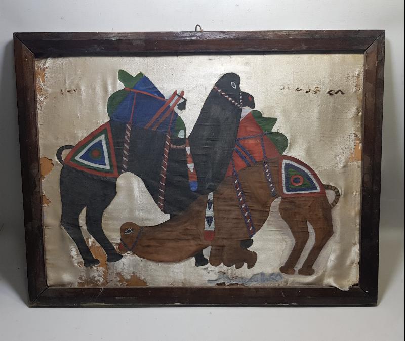 OSMANLI DÖNEMİ DEVE GÜREŞİ TEMALI EL BOYAMA İPEK PANO