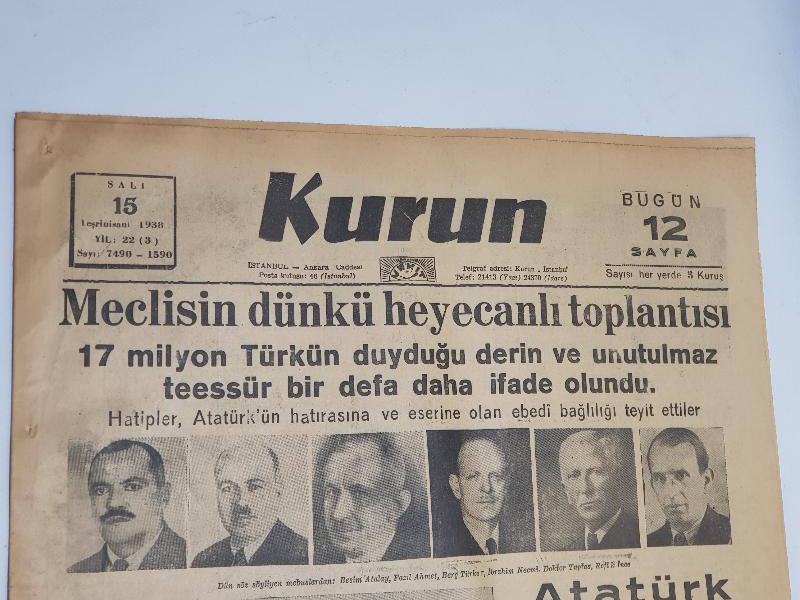 15 KASIM 1938 KURUN GAZETESİ: ATATÜRK'ÜN CENAZE TÖRENİ PROGRAMI