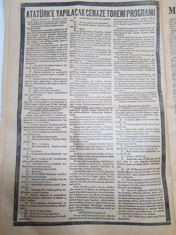15 KASIM 1938 KURUN GAZETESİ: ATATÜRK'ÜN CENAZE TÖRENİ PROGRAMI