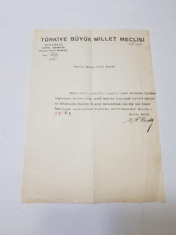 1938'DE TBMM REİSİ ABDÜLHALİK RENDA ISLAK İMZALI TBMM ANTETLİ MEKTUP