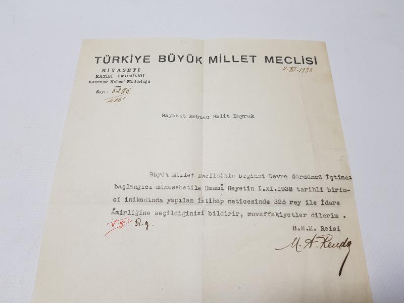 1938'DE TBMM REİSİ ABDÜLHALİK RENDA ISLAK İMZALI TBMM ANTETLİ MEKTUP