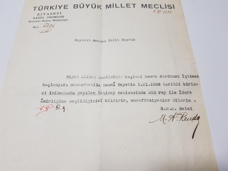 1938'DE TBMM REİSİ ABDÜLHALİK RENDA ISLAK İMZALI TBMM ANTETLİ MEKTUP