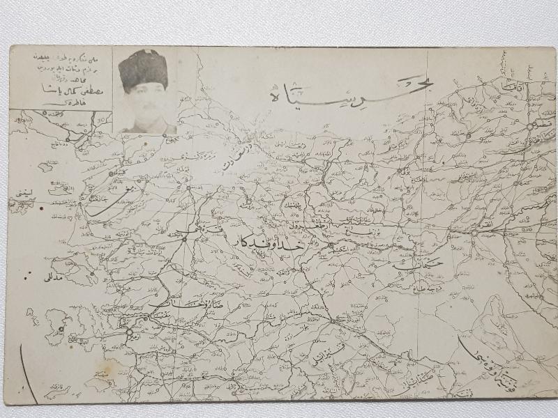 MİLLİ MÜCADELE SERİSİ ATATÜRK RESİMLİ VE BATI ANADOLU HARİTALI OSMANLICA YAZILI KARTPOSTAL