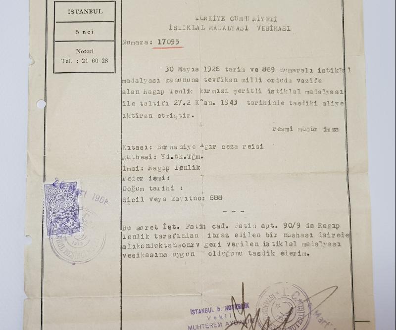 İSTİKLAL MADALYASI BERAT SURETİ