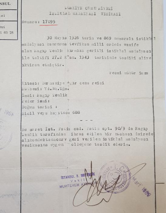 İSTİKLAL MADALYASI BERAT SURETİ