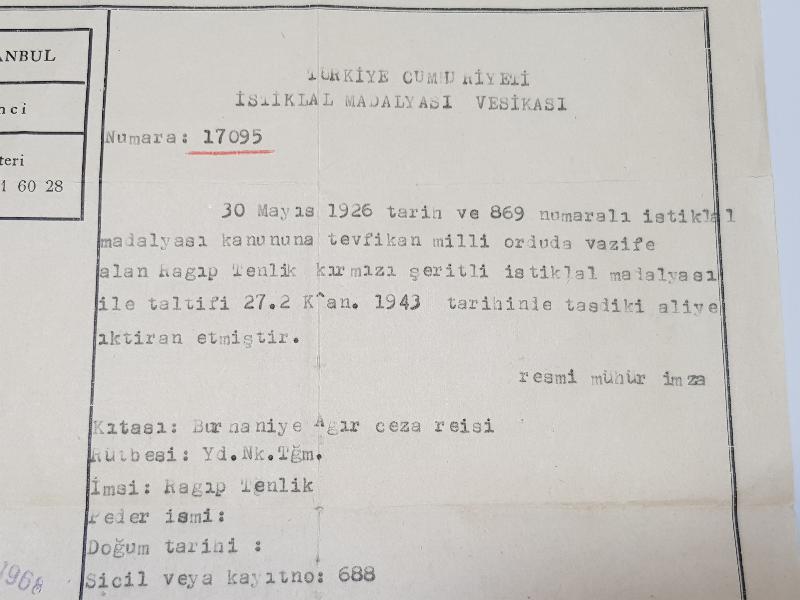 İSTİKLAL MADALYASI BERAT SURETİ