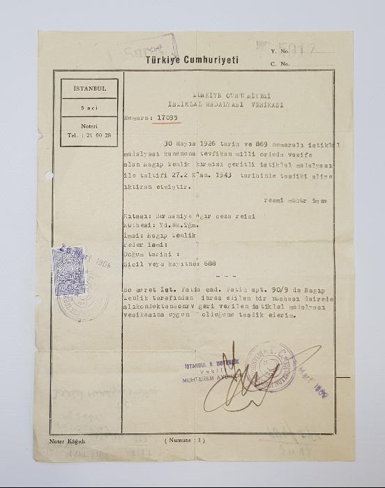 İSTİKLAL MADALYASI BERAT SURETİ