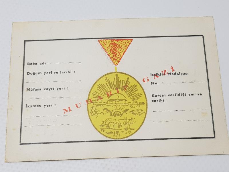İSTİKLAL MADALYALILARA VERİLEN MUHARİP GAZİ KARTI