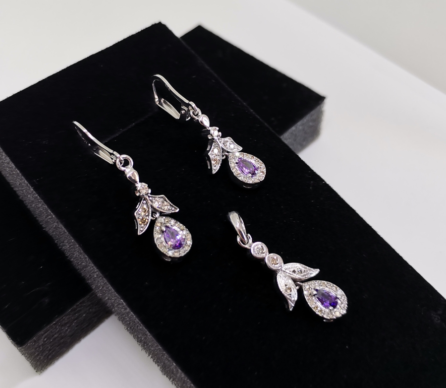 AMETİST VE PIRLANTA TAŞLI DAMLA MODELİ KOLYE KÜPE TAKIMI