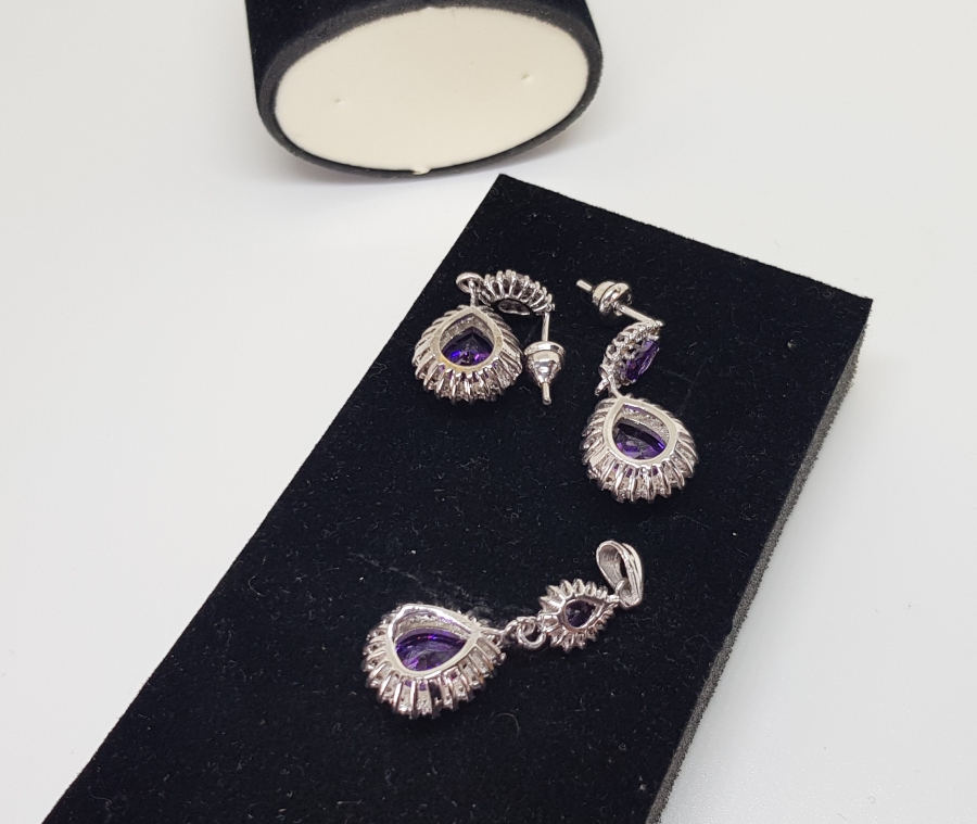 AMETİST VE PIRLANTA TAŞLI DAMLA MODEL KOLYE KÜPE TAKIMI