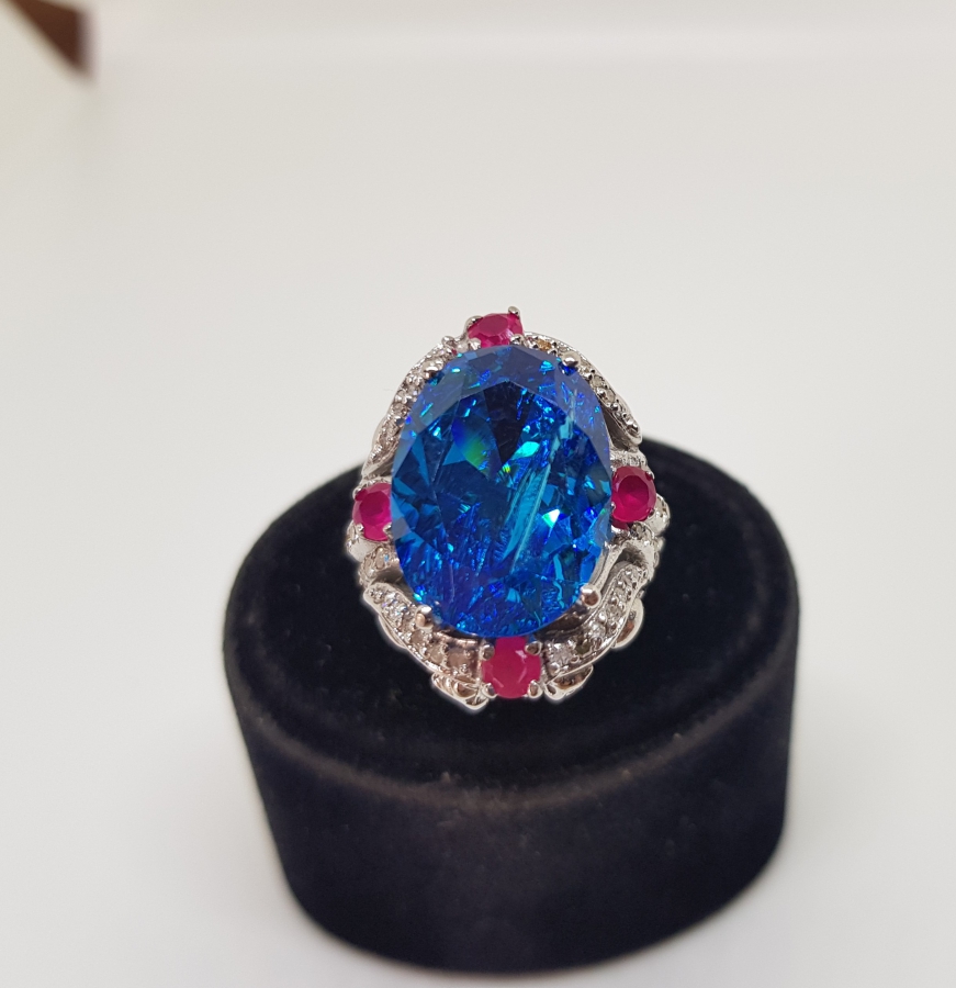 PIRLANTA VE AQUAMARİN TAŞLI BÜYÜK BOY YÜZÜK