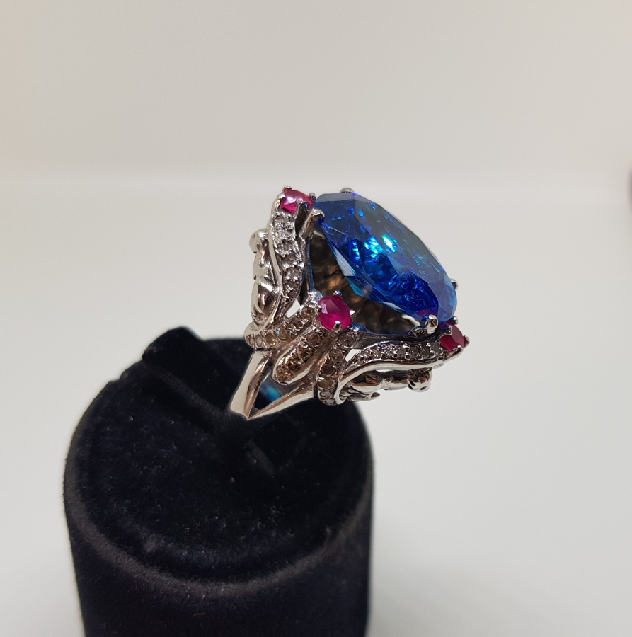 PIRLANTA VE AQUAMARİN TAŞLI BÜYÜK BOY YÜZÜK