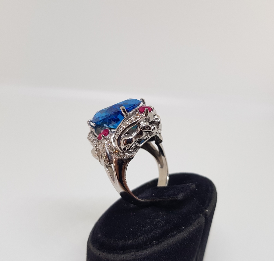 PIRLANTA VE AQUAMARİN TAŞLI BÜYÜK BOY YÜZÜK