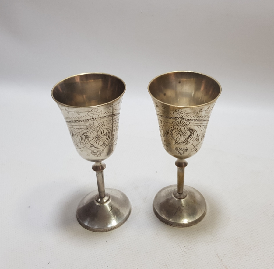 OSMANLI DÖNEMİ GÜMÜŞ KAPLAMA DAMGALI ÇİFT KADEH