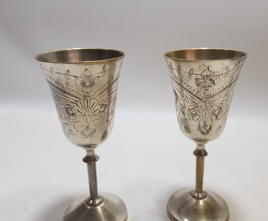 OSMANLI DÖNEMİ GÜMÜŞ KAPLAMA DAMGALI ÇİFT KADEH