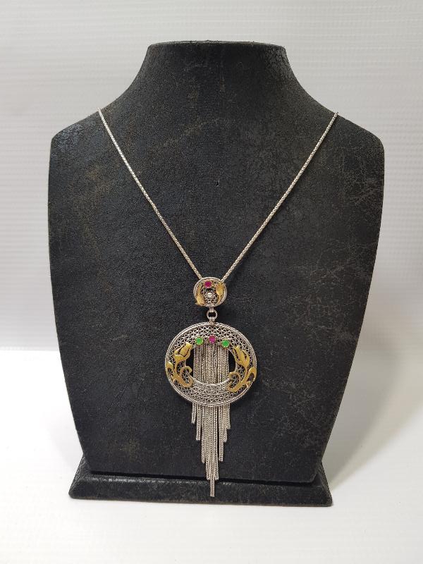 ÜZERİ YEŞİM VE AMETİST TAŞLI LALE FİGÜRLÜ GÜMÜŞ KOLYE