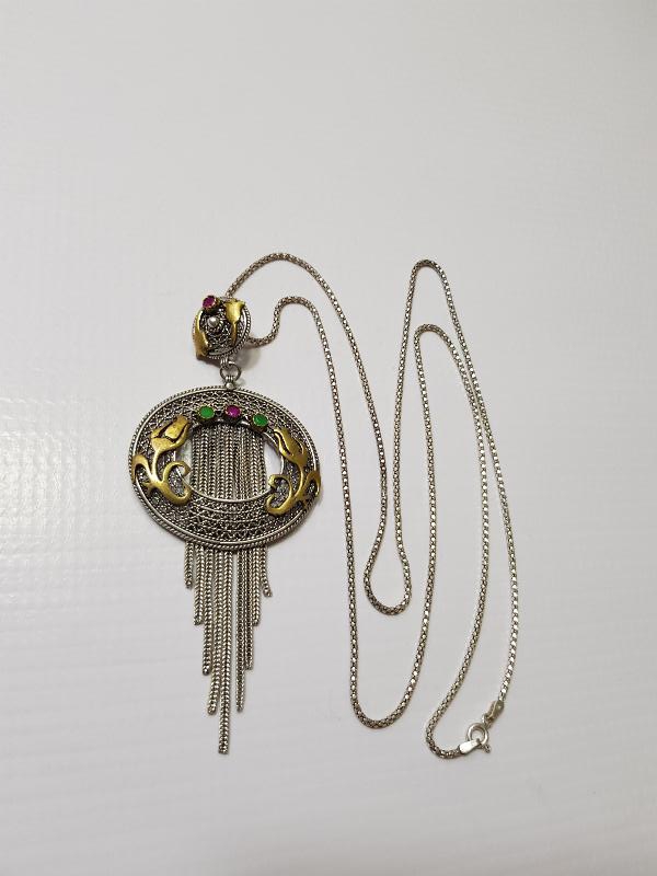 ÜZERİ YEŞİM VE AMETİST TAŞLI LALE FİGÜRLÜ GÜMÜŞ KOLYE