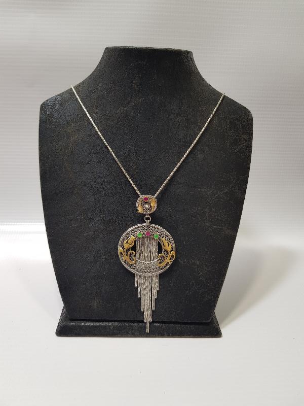 ÜZERİ YEŞİM VE AMETİST TAŞLI LALE FİGÜRLÜ GÜMÜŞ KOLYE