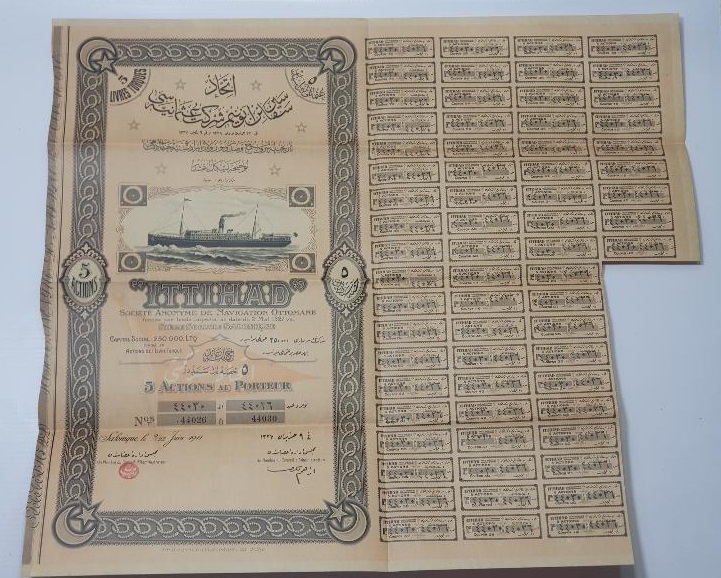 OSMANLI DÖNEMİ ÇOK NADİR GEMİ RESİMLİ İTTİHAD HİSSE SENEDİ