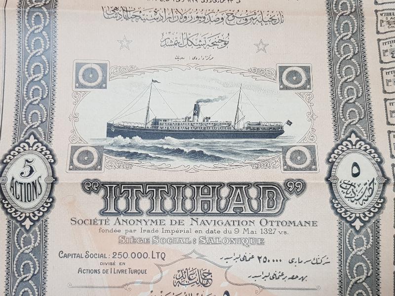 OSMANLI DÖNEMİ ÇOK NADİR GEMİ RESİMLİ İTTİHAD HİSSE SENEDİ