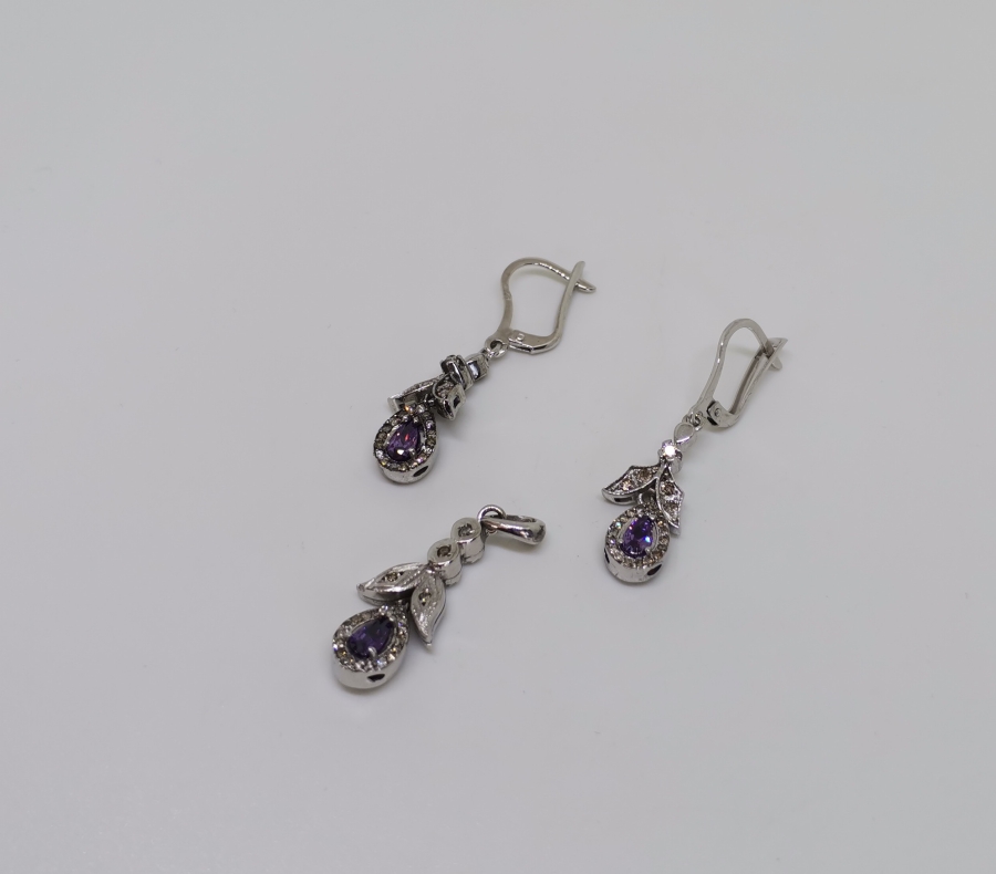 AMETİST VE PIRLANTA TAŞLI DAMLA MODELİ KOLYE KÜPE TAKIMI