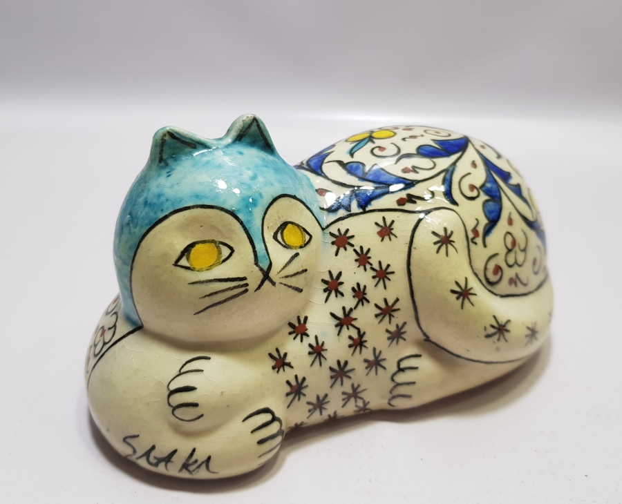 SITKI USTA İMZALI EL YAPIMI ANTİKA KÜTAHYA KEDİ FİGÜRÜ
