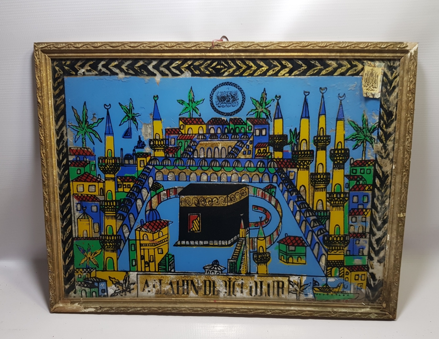 KABE İ ŞERİF GÖRSELLİ EL BOYAMA ANTİKA CAM ALTI BÜYÜK BOY PANO