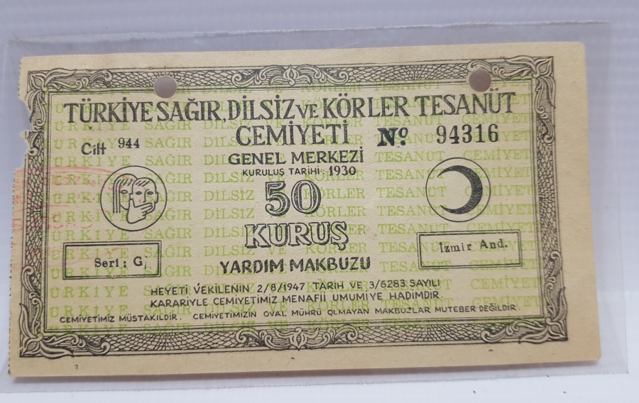 1947 TÜRKİYE SAĞIR, DİLSİZ VE KÖRLER TESANÜT CEMİYETİ YARDIM MAKBUZU