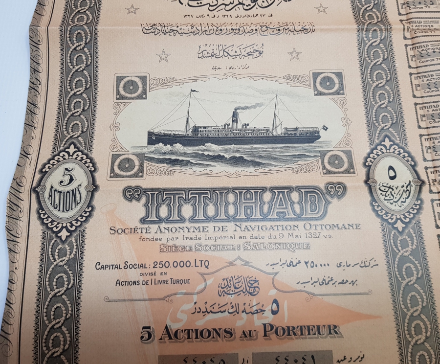 OSMANLI DÖNEMİ ÇOK NADİR GEMİ RESİMLİ İTTİHAD HİSSE SENEDİ