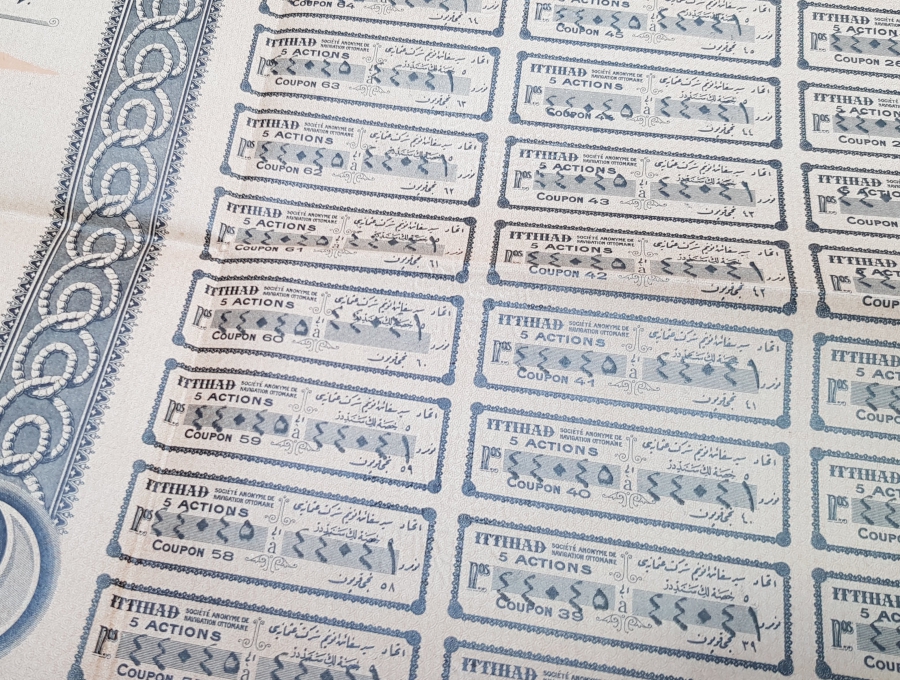 OSMANLI DÖNEMİ ÇOK NADİR GEMİ RESİMLİ İTTİHAD HİSSE SENEDİ