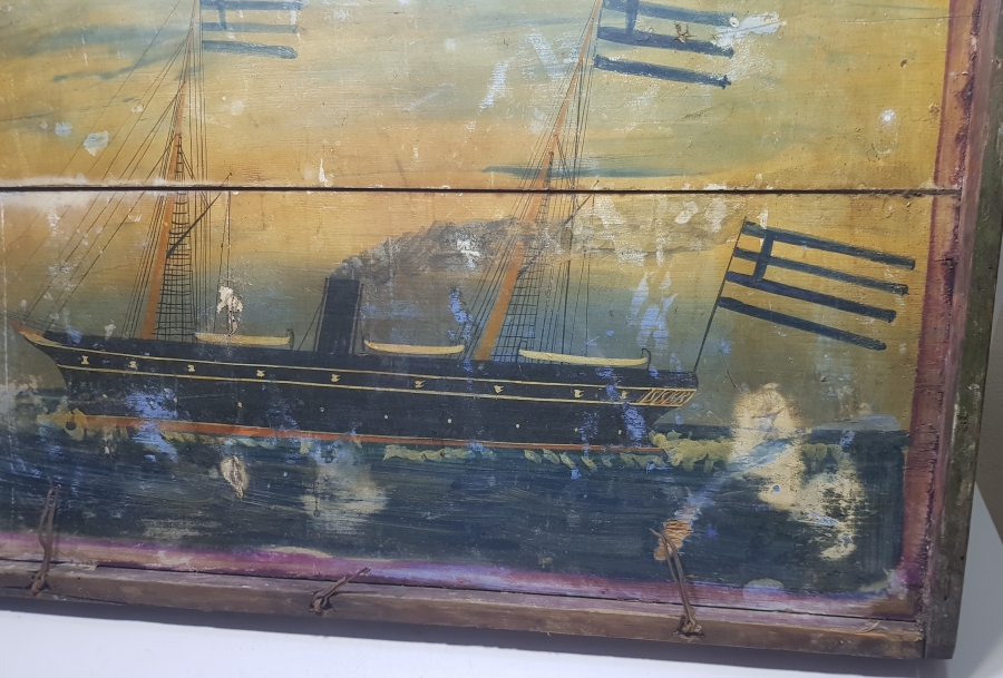 OSMANLI DÖNEMİ EL BOYAMA YUNAN BAYRAKLI GEMİ RESİMLİ SANDIK KAPAĞI