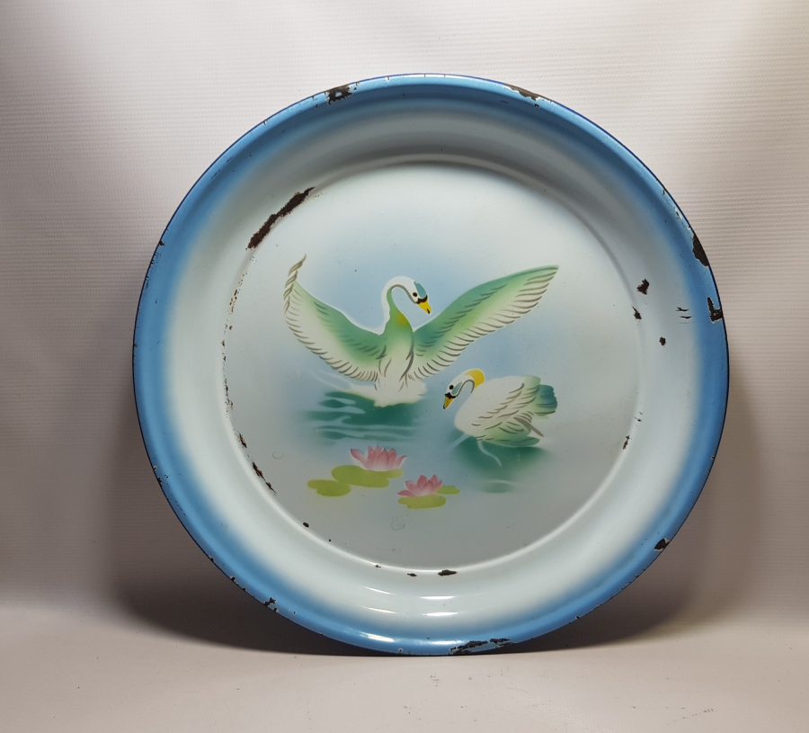 ÜZERİ EL BOYAMA İŞÇİLİKLİ BÜYÜK BOY ANTİKA EMAYE SİNİ