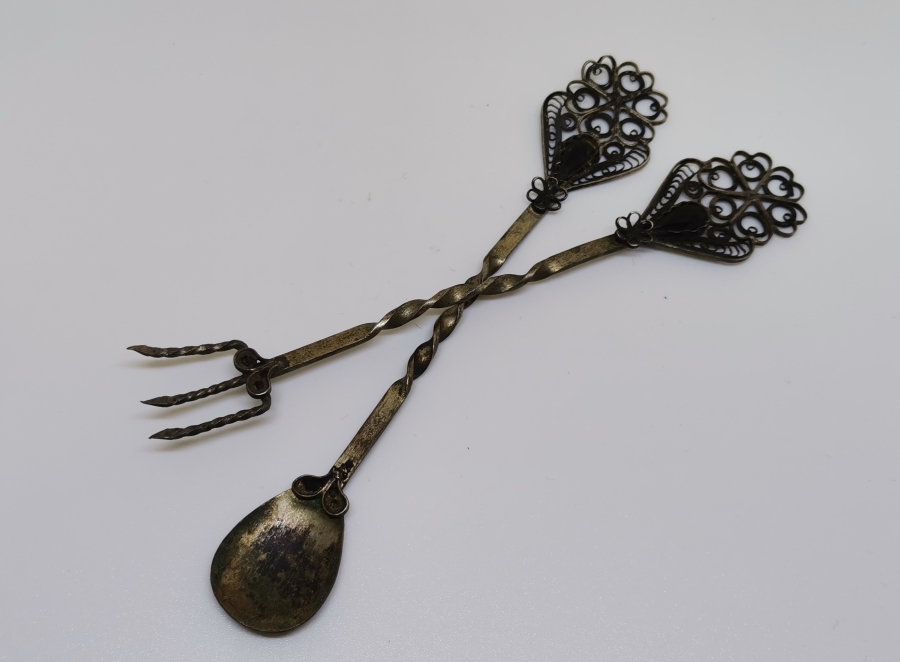 TELKARİ İŞÇİLİKLİ OSMANLI DÖNEMİ GÜMÜŞ ÇAY KAŞIĞI VE LİMON ÇATALI